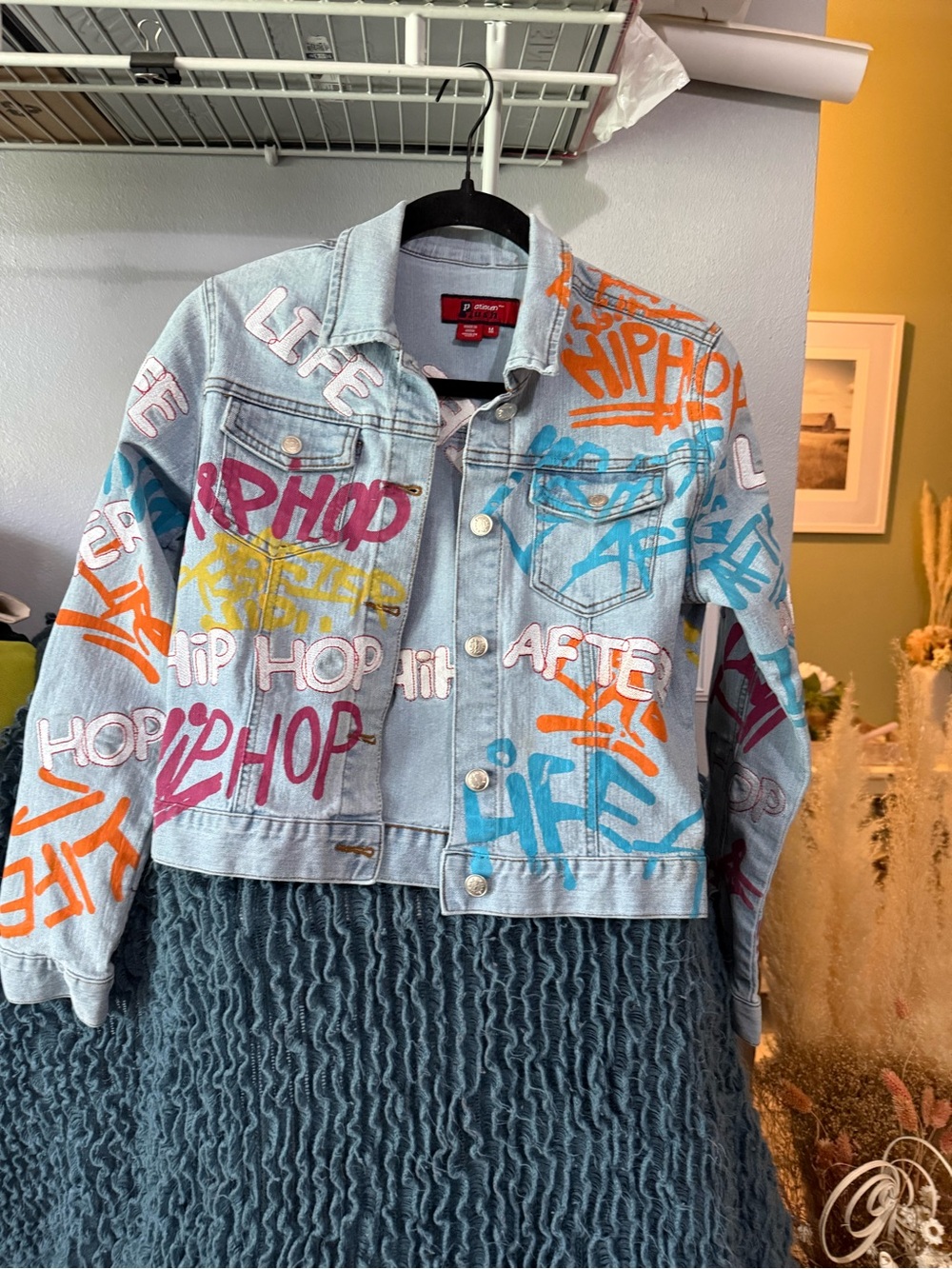Kids Light Wash Denim Jacket with Colorful Hip Hop Graffiti